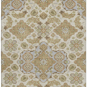 HomeRoots 9' X 12' Beige and Tan Floral Medallion Area Rug - Washable, Stain-Resistant, UV Protected Comfort 705814