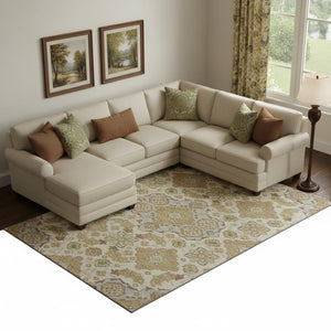 HomeRoots 10' X 14' Beige & Tan Floral Medallion Washable Area Rug - UV Protected, Easy Care for Busy Homes 705815