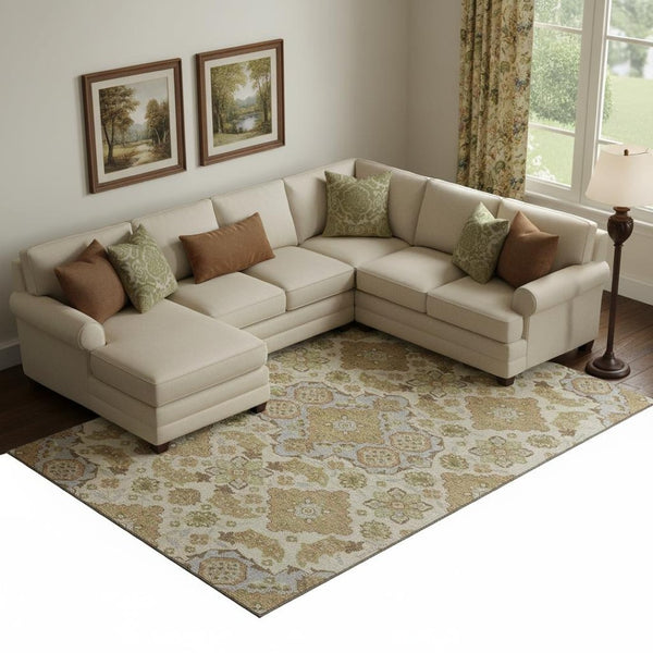 HomeRoots 10' X 14' Beige & Tan Floral Medallion Washable Area Rug - UV Protected, Easy Care for Busy Homes 705815