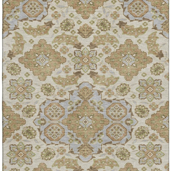 HomeRoots 10' X 14' Beige & Tan Floral Medallion Washable Area Rug - UV Protected, Easy Care for Busy Homes 705815