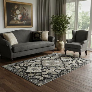 HomeRoots 5' X 8' Elegant Black & Beige Floral Medallion Area Rug - Washable, UV Protected, Perfect for High Traffic Spaces 705817