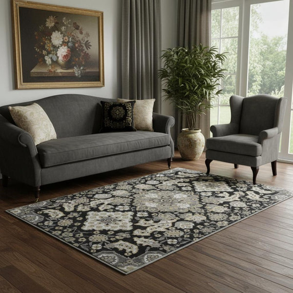 HomeRoots 5' X 8' Elegant Black & Beige Floral Medallion Area Rug - Washable, UV Protected, Perfect for High Traffic Spaces 705817