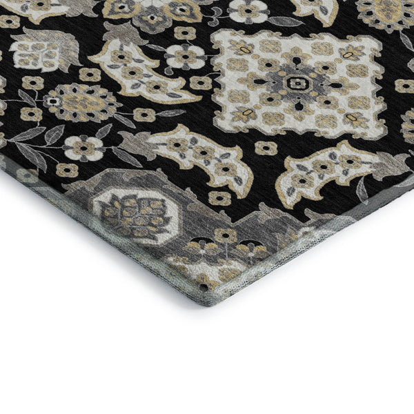 HomeRoots 5' X 8' Elegant Black & Beige Floral Medallion Area Rug - Washable, UV Protected, Perfect for High Traffic Spaces 705817