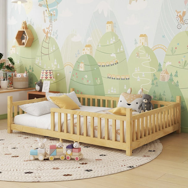 English Elm Twin Montessori Floor Bed House Frame with Led Lighting and Safety Rails for Kids Natural W2593P440591