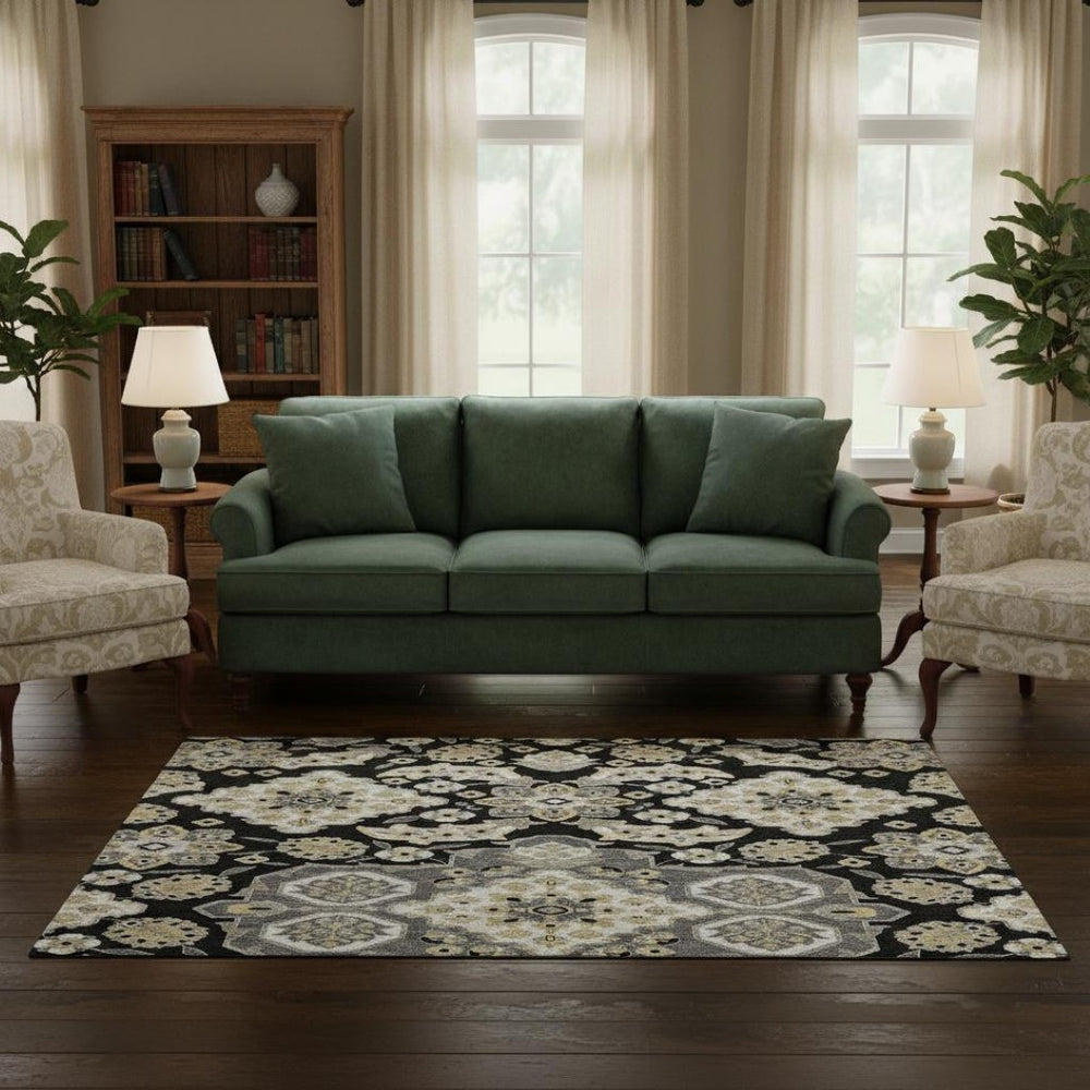 HomeRoots 8' Black and Beige Floral Medallion Round Rug – Washable, UV Protected, Durable for Indoor & Outdoor Use 705818