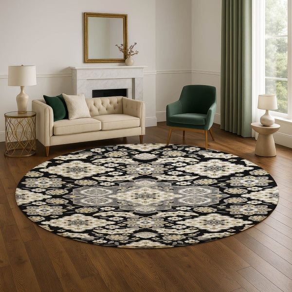 HomeRoots 8' Black and Beige Floral Medallion Round Rug – Washable, UV Protected, Durable for Indoor & Outdoor Use 705818