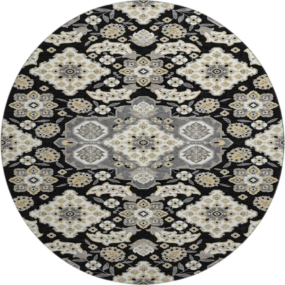 HomeRoots 8' Black and Beige Floral Medallion Round Rug – Washable, UV Protected, Durable for Indoor & Outdoor Use 705818
