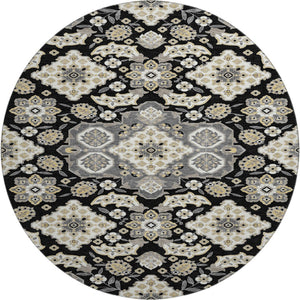 HomeRoots 8' Black and Beige Floral Medallion Round Rug – Washable, UV Protected, Durable for Indoor & Outdoor Use 705818