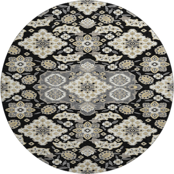 HomeRoots 8' Black and Beige Floral Medallion Round Rug – Washable, UV Protected, Durable for Indoor & Outdoor Use 705818