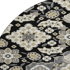 HomeRoots 8' Black and Beige Floral Medallion Round Rug – Washable, UV Protected, Durable for Indoor & Outdoor Use 705818
