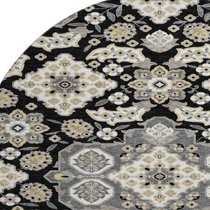 HomeRoots 8' Black and Beige Floral Medallion Round Rug – Washable, UV Protected, Durable for Indoor & Outdoor Use 705818