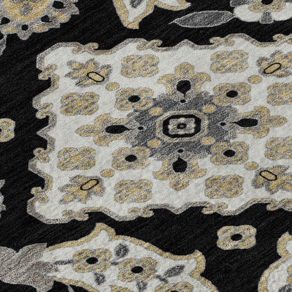 HomeRoots 8' X 10' Black and Beige Floral Medallion Washable Area Rug – Durable, Stain-Resistant, UV Protected! 705819