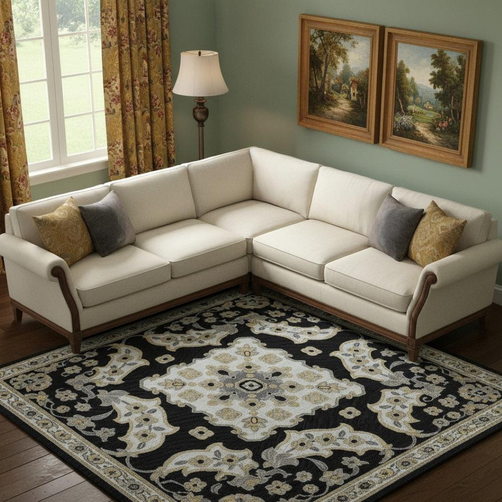 HomeRoots 9' X 12' Black and Beige Floral Medallion Area Rug - Stain-Resistant, UV-Protected, Durable Design 705820