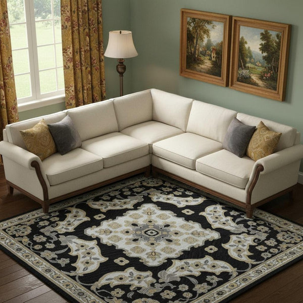 HomeRoots 9' X 12' Black and Beige Floral Medallion Area Rug - Stain-Resistant, UV-Protected, Durable Design 705820