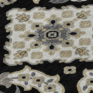 HomeRoots 9' X 12' Black and Beige Floral Medallion Area Rug - Stain-Resistant, UV-Protected, Durable Design 705820