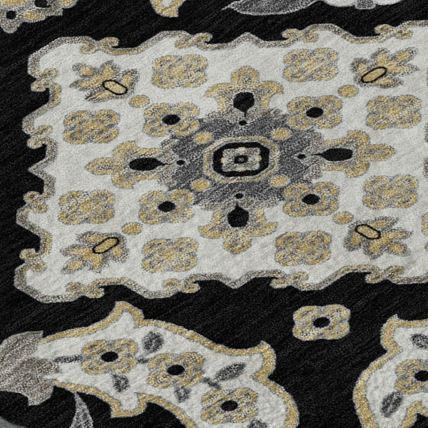 HomeRoots 9' X 12' Black and Beige Floral Medallion Area Rug - Stain-Resistant, UV-Protected, Durable Design 705820