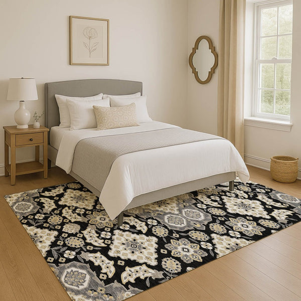 HomeRoots 10' X 14' Black and Beige Floral Medallion Area Rug - Washable, UV-Protected & Stain Resistant Decor 705821