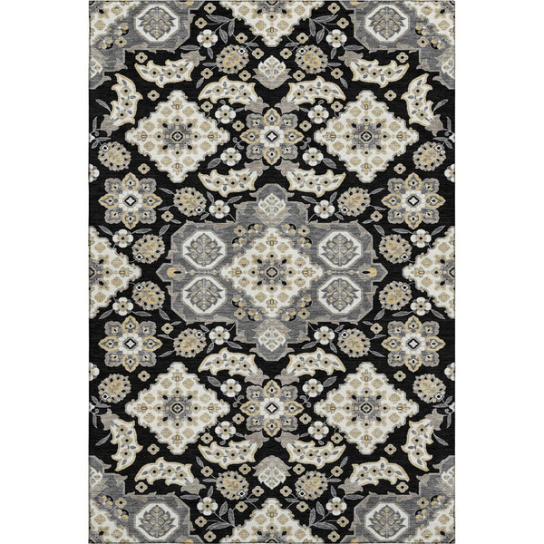 HomeRoots 10' X 14' Black and Beige Floral Medallion Area Rug - Washable, UV-Protected & Stain Resistant Decor 705821