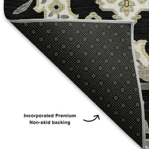 HomeRoots 10' X 14' Black and Beige Floral Medallion Area Rug - Washable, UV-Protected & Stain Resistant Decor 705821