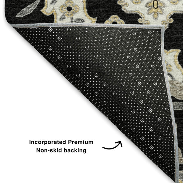 HomeRoots 10' X 14' Black and Beige Floral Medallion Area Rug - Washable, UV-Protected & Stain Resistant Decor 705821