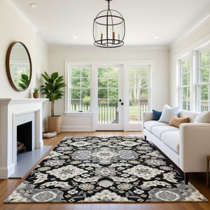 HomeRoots 10' X 14' Black and Beige Floral Medallion Area Rug - Washable, UV-Protected & Stain Resistant Decor 705821