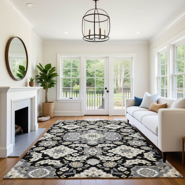 HomeRoots 10' X 14' Black and Beige Floral Medallion Area Rug - Washable, UV-Protected & Stain Resistant Decor 705821