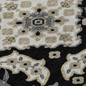 HomeRoots 10' X 14' Black and Beige Floral Medallion Area Rug - Washable, UV-Protected & Stain Resistant Decor 705821