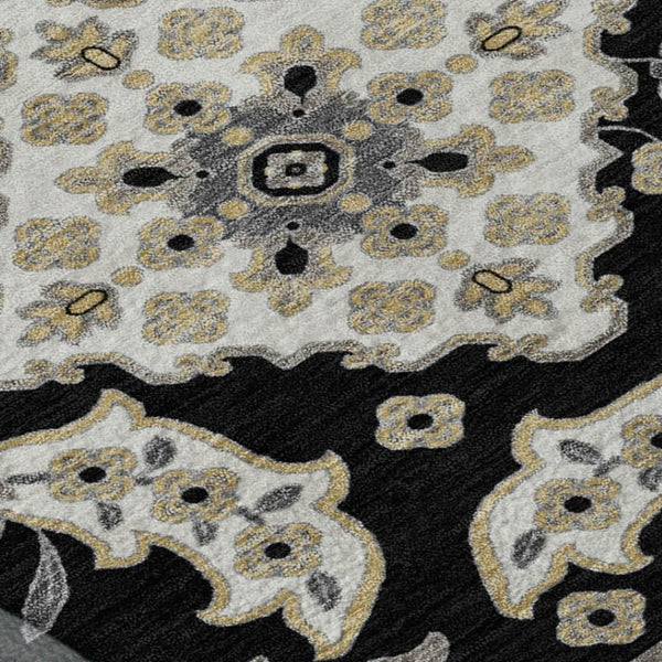 HomeRoots 10' X 14' Black and Beige Floral Medallion Area Rug - Washable, UV-Protected & Stain Resistant Decor 705821