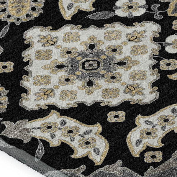 HomeRoots 10' X 14' Black and Beige Floral Medallion Area Rug - Washable, UV-Protected & Stain Resistant Decor 705821