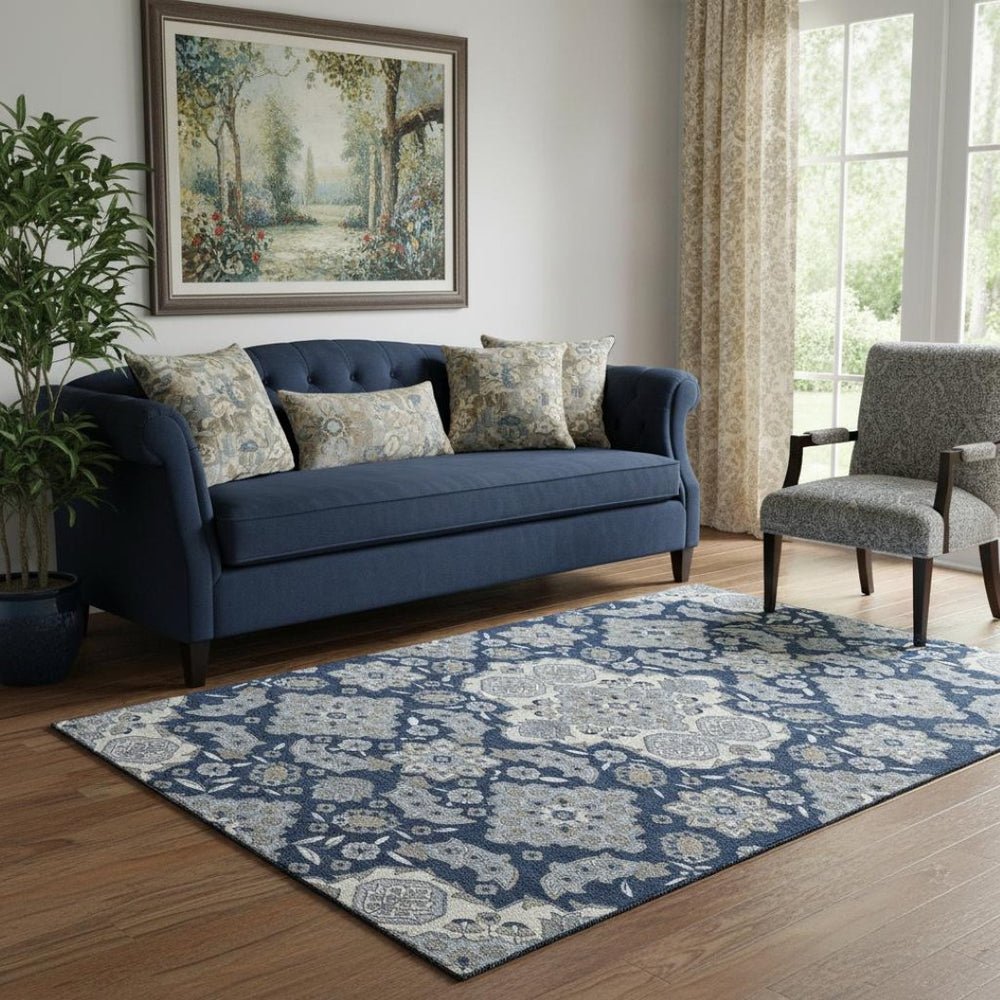 HomeRoots 5' Blue & Ivory Floral Medallion Area Rug – Washable, Stain-Resistant, UV Protected for Homes 705823