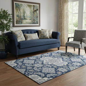 HomeRoots 5' Blue & Ivory Floral Medallion Area Rug – Washable, Stain-Resistant, UV Protected for Homes 705823