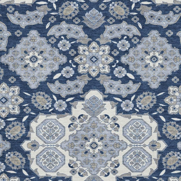 HomeRoots 5' Blue & Ivory Floral Medallion Area Rug – Washable, Stain-Resistant, UV Protected for Homes 705823