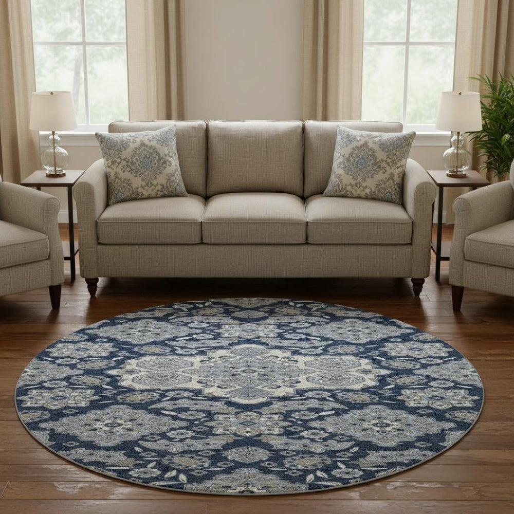 HomeRoots 8' Elegant Blue and Ivory Floral Medallion Round Rug – Washable, UV Protected, Ideal for Homes 705824