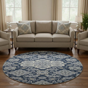 HomeRoots 8' Elegant Blue and Ivory Floral Medallion Round Rug – Washable, UV Protected, Ideal for Homes 705824