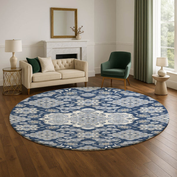 HomeRoots 8' Elegant Blue and Ivory Floral Medallion Round Rug – Washable, UV Protected, Ideal for Homes 705824