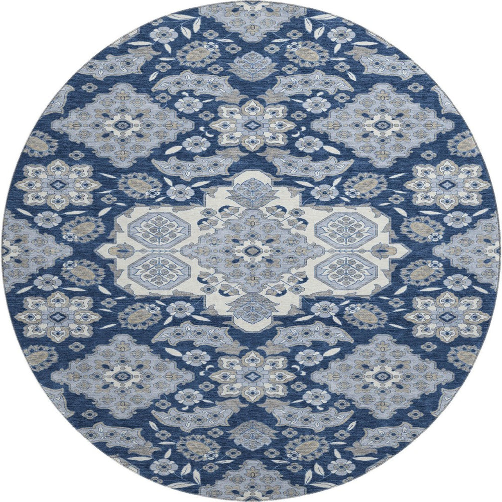 HomeRoots 8' Elegant Blue and Ivory Floral Medallion Round Rug – Washable, UV Protected, Ideal for Homes 705824