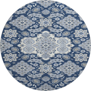 HomeRoots 8' Elegant Blue and Ivory Floral Medallion Round Rug – Washable, UV Protected, Ideal for Homes 705824