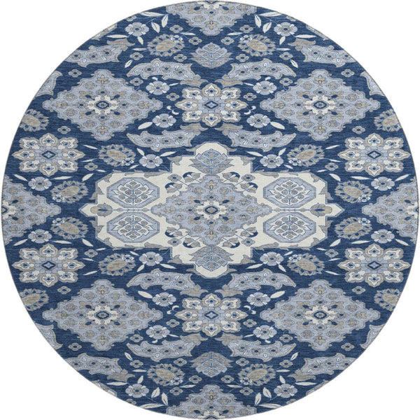 HomeRoots 8' Elegant Blue and Ivory Floral Medallion Round Rug – Washable, UV Protected, Ideal for Homes 705824