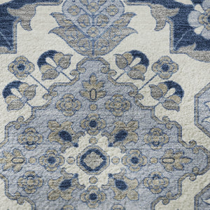 HomeRoots 8' Elegant Blue and Ivory Floral Medallion Round Rug – Washable, UV Protected, Ideal for Homes 705824