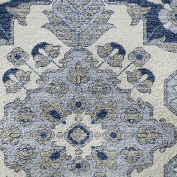 HomeRoots 8' Elegant Blue and Ivory Floral Medallion Round Rug – Washable, UV Protected, Ideal for Homes 705824