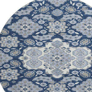 HomeRoots 8' Elegant Blue and Ivory Floral Medallion Round Rug – Washable, UV Protected, Ideal for Homes 705824