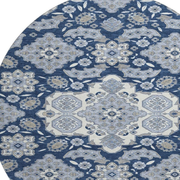 HomeRoots 8' Elegant Blue and Ivory Floral Medallion Round Rug – Washable, UV Protected, Ideal for Homes 705824