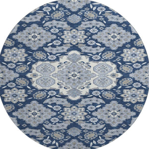HomeRoots 8' Elegant Blue and Ivory Floral Medallion Round Rug – Washable, UV Protected, Ideal for Homes 705824