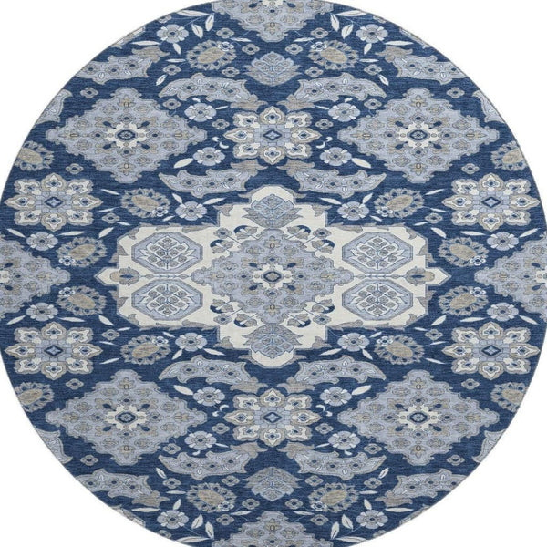 HomeRoots 8' Elegant Blue and Ivory Floral Medallion Round Rug – Washable, UV Protected, Ideal for Homes 705824