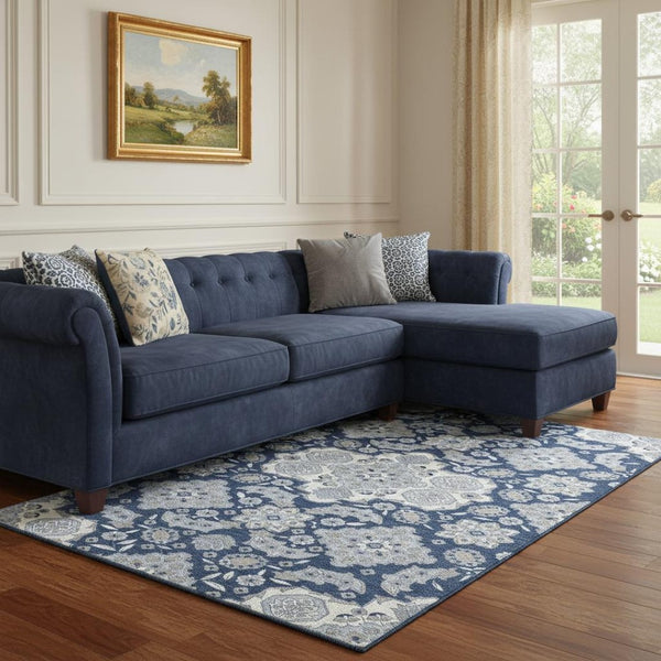 HomeRoots 8' X 10' Blue And Ivory Floral Medallion Area Rug - Washable, UV-Protected, Durable & Stylish Home Décor 705825