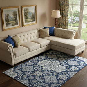 HomeRoots 9' Blue & Ivory Floral Medallion Area Rug - Washable, Stain Resistant, UV Protected for High-Traffic Spaces 705826