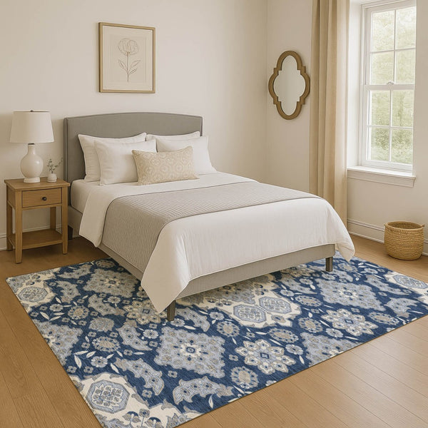 HomeRoots 9' Blue & Ivory Floral Medallion Area Rug - Washable, Stain Resistant, UV Protected for High-Traffic Spaces 705826