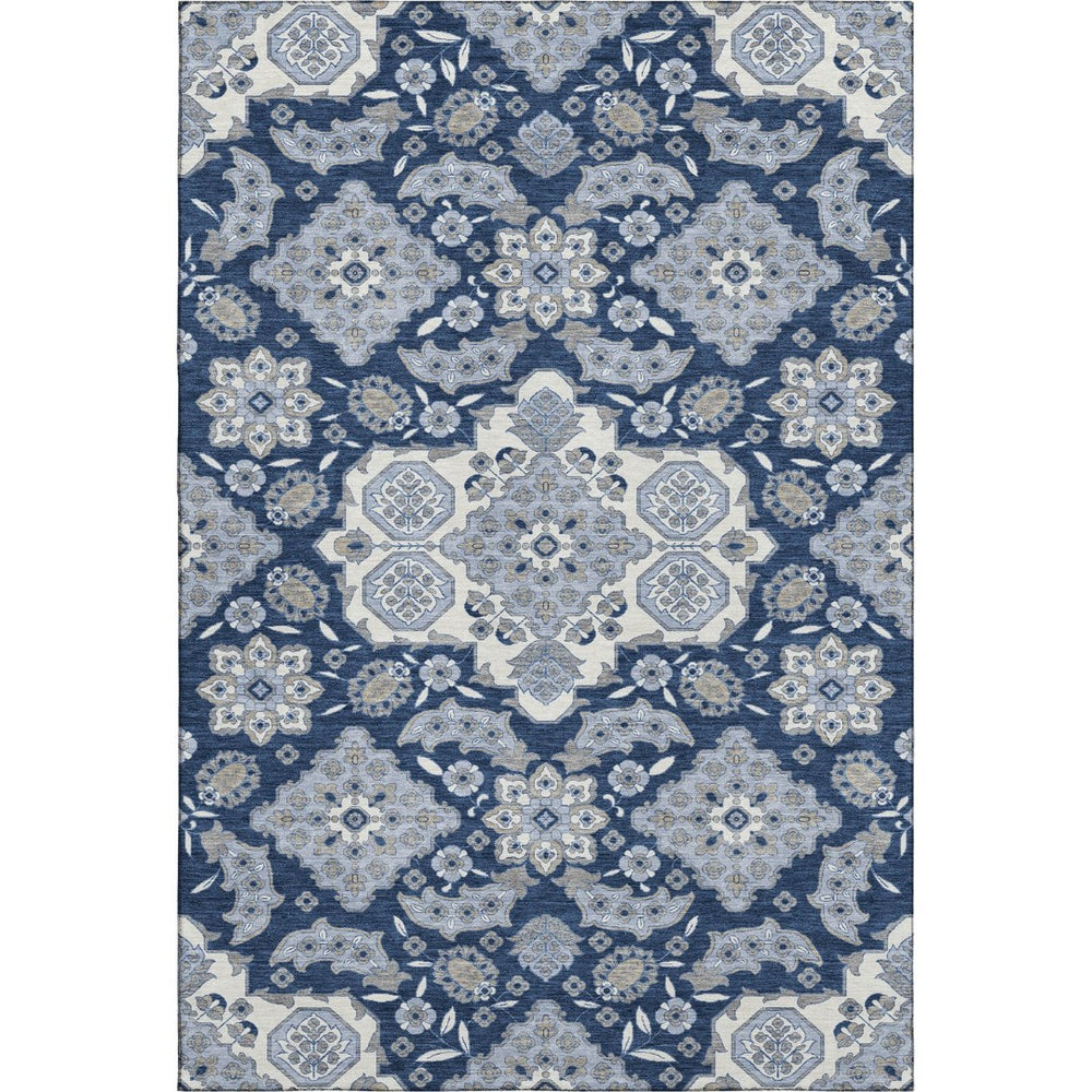 HomeRoots 9' Blue & Ivory Floral Medallion Area Rug - Washable, Stain Resistant, UV Protected for High-Traffic Spaces 705826