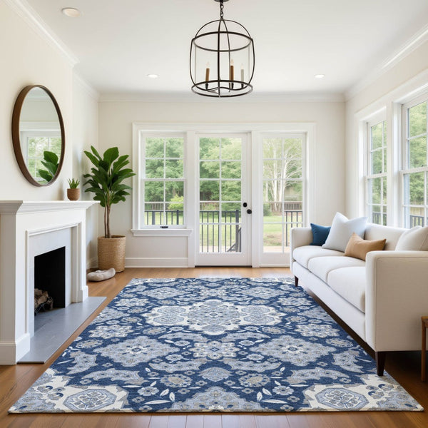HomeRoots 9' Blue & Ivory Floral Medallion Area Rug - Washable, Stain Resistant, UV Protected for High-Traffic Spaces 705826