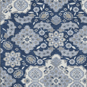 HomeRoots 9' Blue & Ivory Floral Medallion Area Rug - Washable, Stain Resistant, UV Protected for High-Traffic Spaces 705826